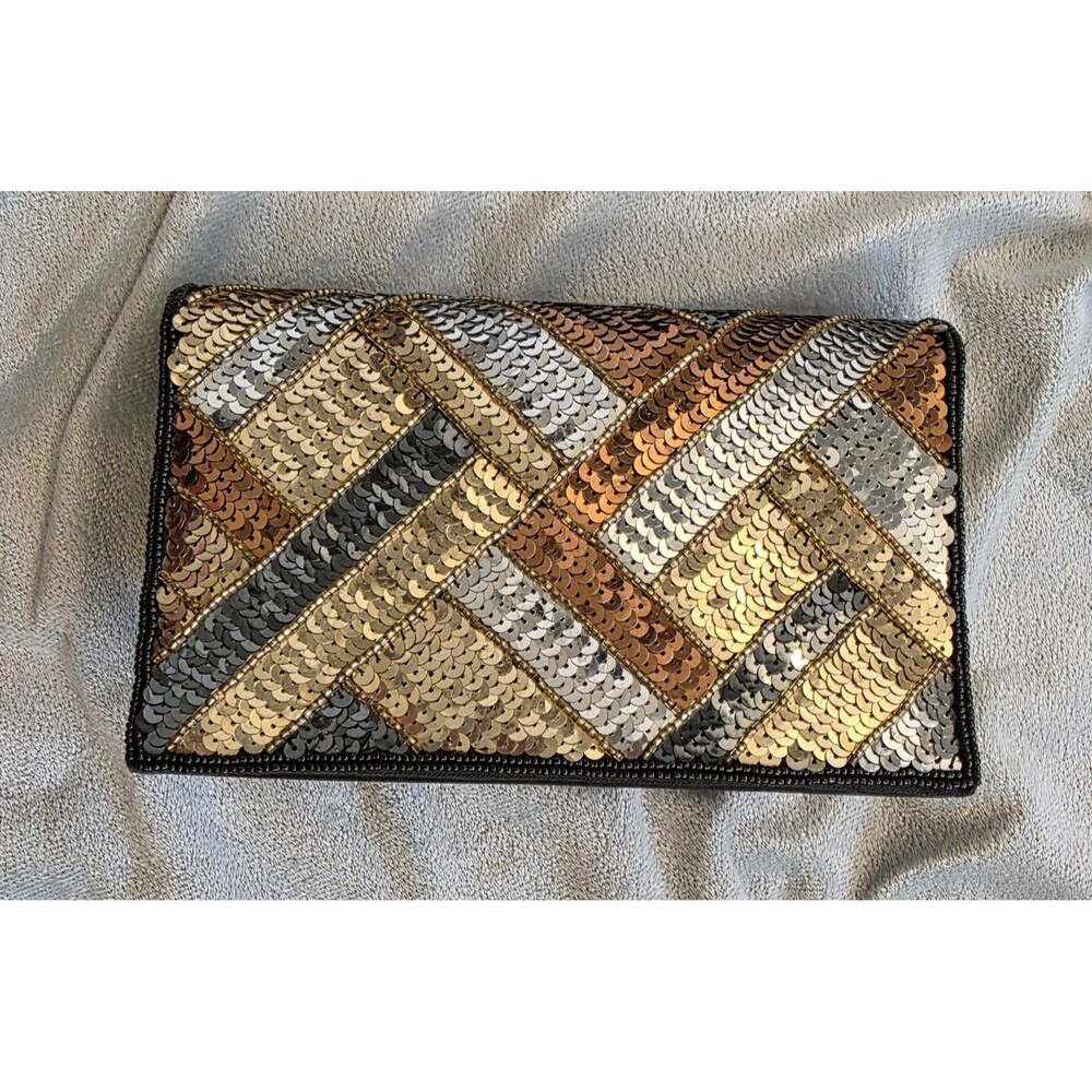 Carolyne Barton Sequin Evening Clutch Bag Gold Silver Copper Beaded Shoulder...